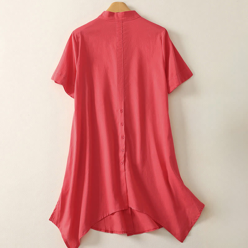 Buddha Stones Camicia da donna in cotone con bottoni, manica corta e colletto rialzato, tinta unita, con tasca - image 6