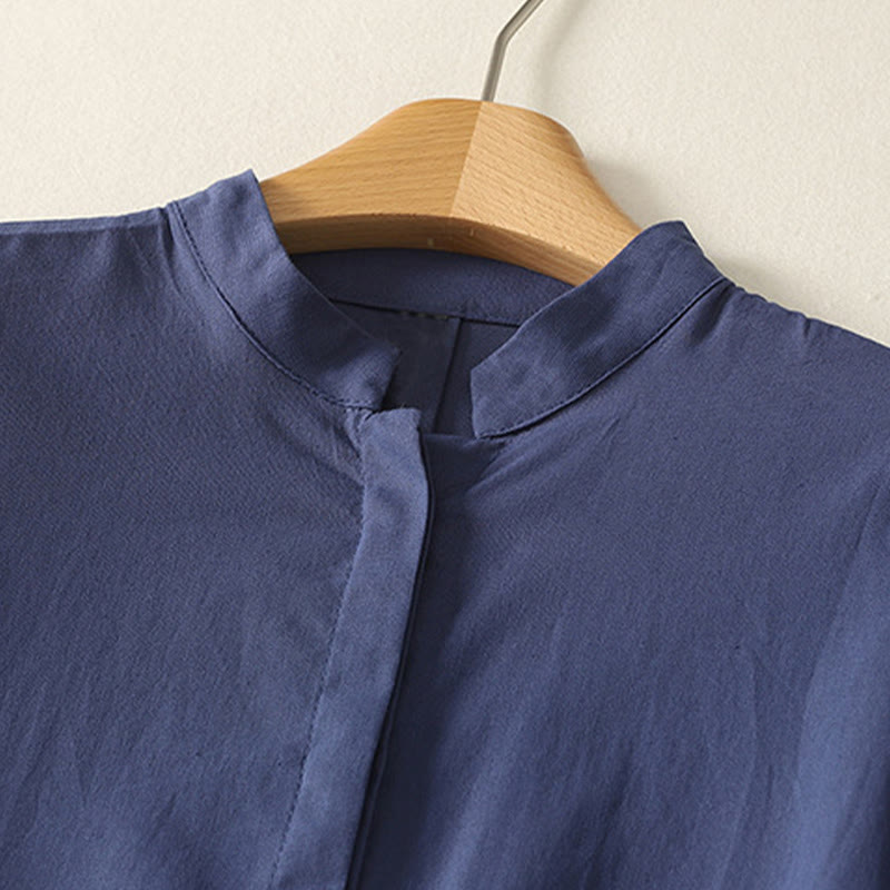 Buddha Stones Camicia da donna in cotone con bottoni, manica corta e colletto rialzato, tinta unita, con tasca - image 1