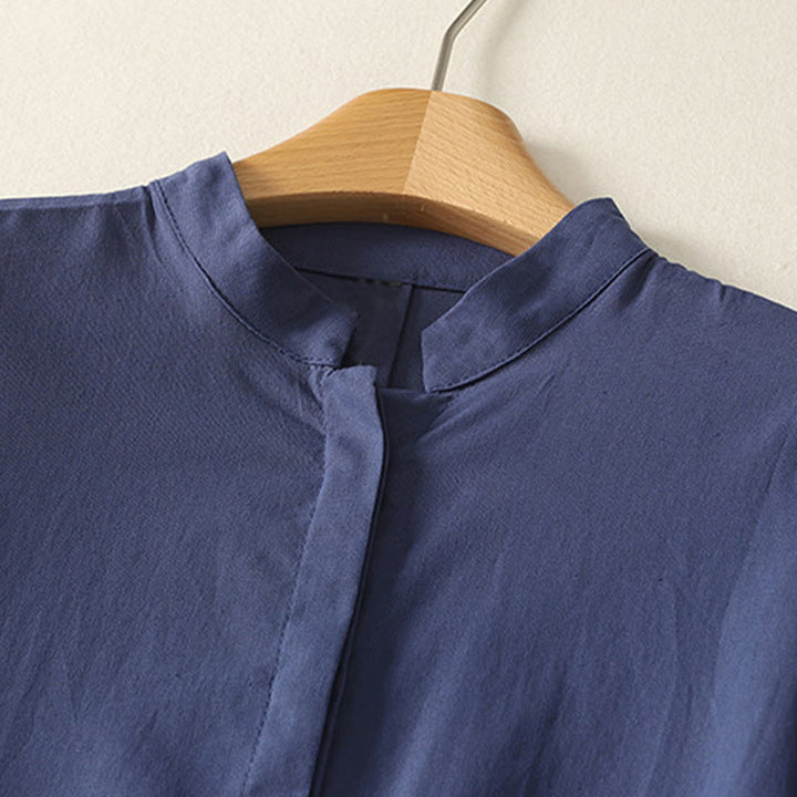 Buddha Stones Camicia da donna in cotone con bottoni, manica corta e colletto rialzato, tinta unita, con tasca - image 1