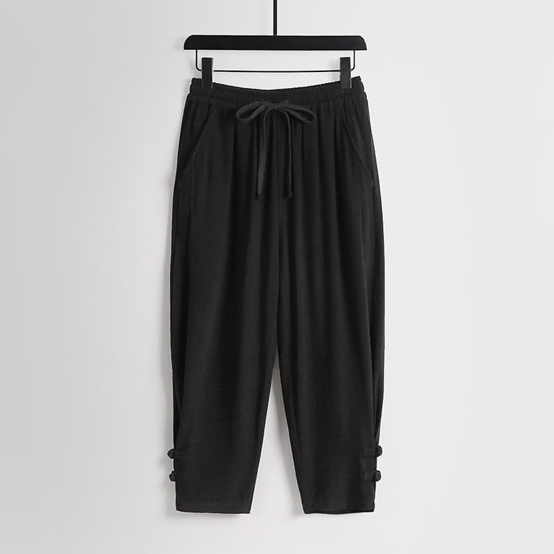 Buddha Stones Pantaloni estivi da uomo in cotone e lino con coulisse, elastico in vita, bottoni a rana, lunghezza alla caviglia, con tasche - Nero - US/UK/AU54, EU64 (9XL) - image 10