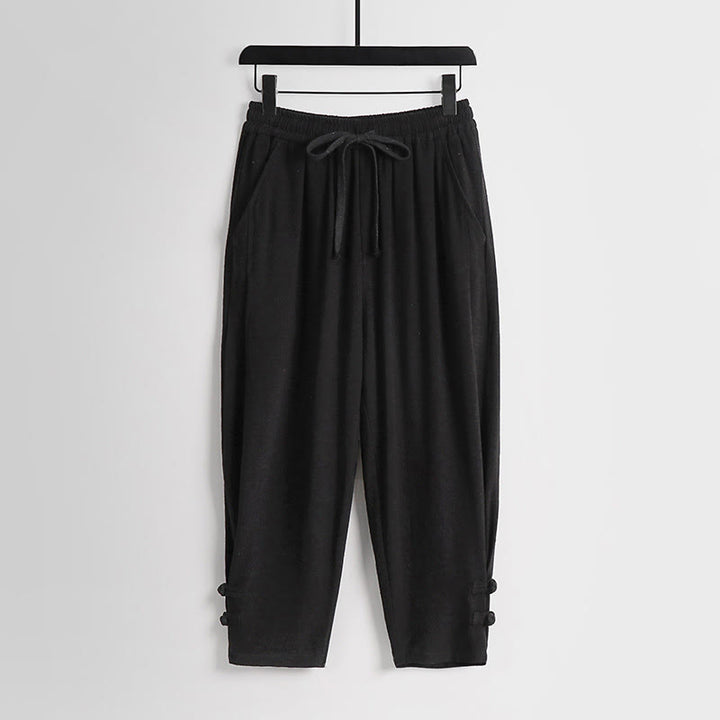 Buddha Stones Pantaloni estivi da uomo in cotone e lino con coulisse, elastico in vita, bottoni a rana, lunghezza alla caviglia, con tasche - Nero - US/UK/AU54, EU64 (9XL) - image 10