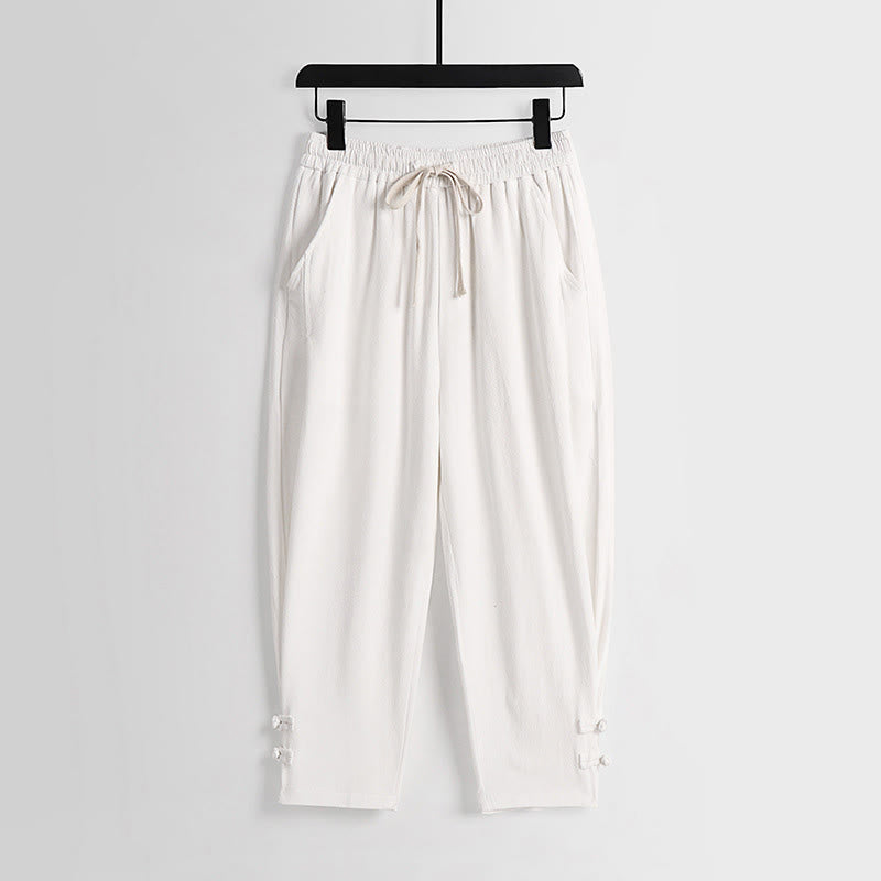 Buddha Stones Pantaloni estivi da uomo in cotone e lino con coulisse, elastico in vita, bottoni a rana, lunghezza alla caviglia, con tasche - Bianco - US/UK/AU54, EU64 (9XL) - image 13