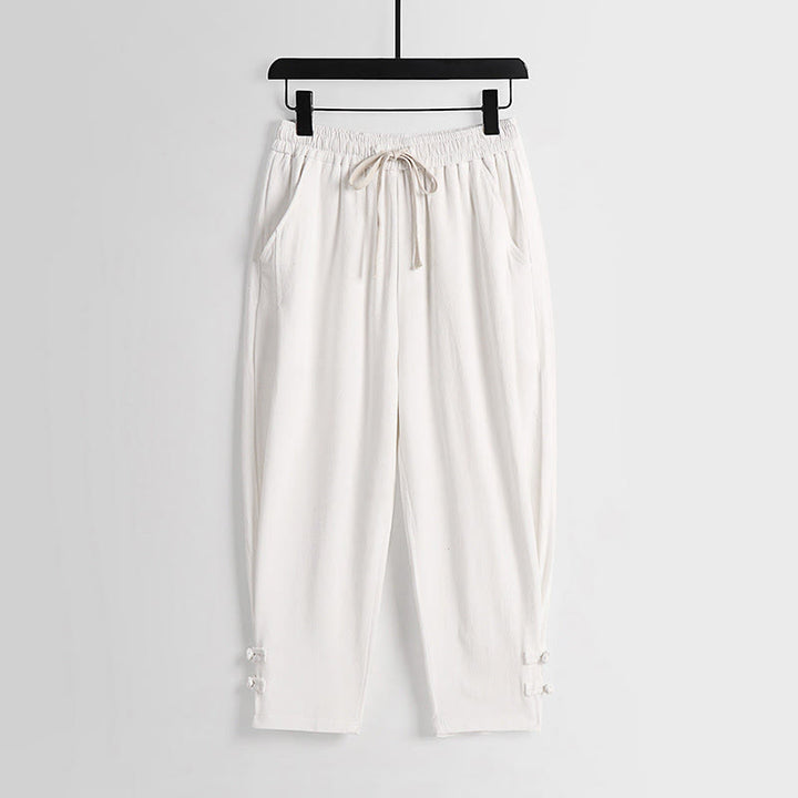 Buddha Stones Pantaloni estivi da uomo in cotone e lino con coulisse, elastico in vita, bottoni a rana, lunghezza alla caviglia, con tasche - Bianco - US/UK/AU54, EU64 (9XL) - image 13