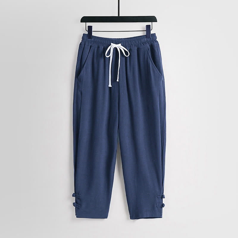 Buddha Stones Pantaloni estivi da uomo in cotone e lino con coulisse, elastico in vita, bottoni a rana, lunghezza alla caviglia, con tasche - SteelBlue - US/UK/AU54, EU64 (9XL) - image 12