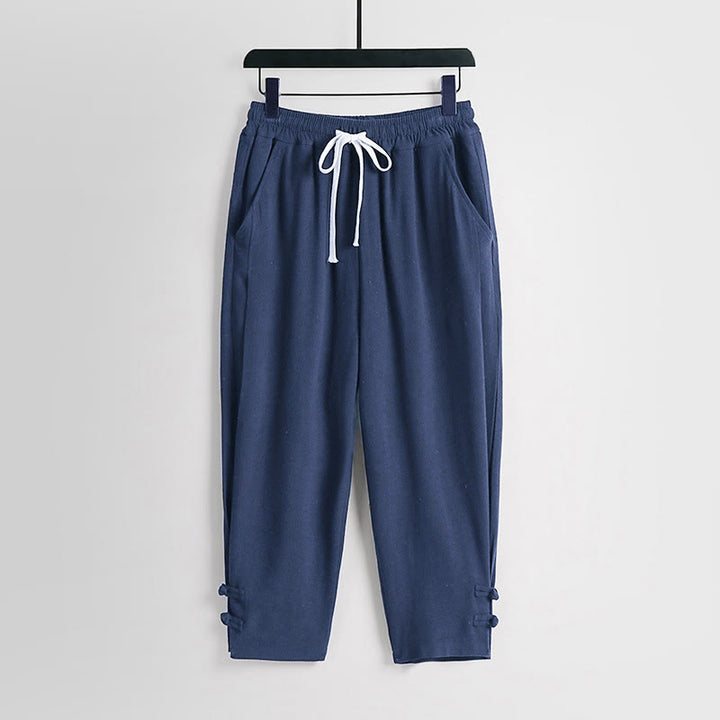Buddha Stones Pantaloni estivi da uomo in cotone e lino con coulisse, elastico in vita, bottoni a rana, lunghezza alla caviglia, con tasche - SteelBlue - US/UK/AU54, EU64 (9XL) - image 12