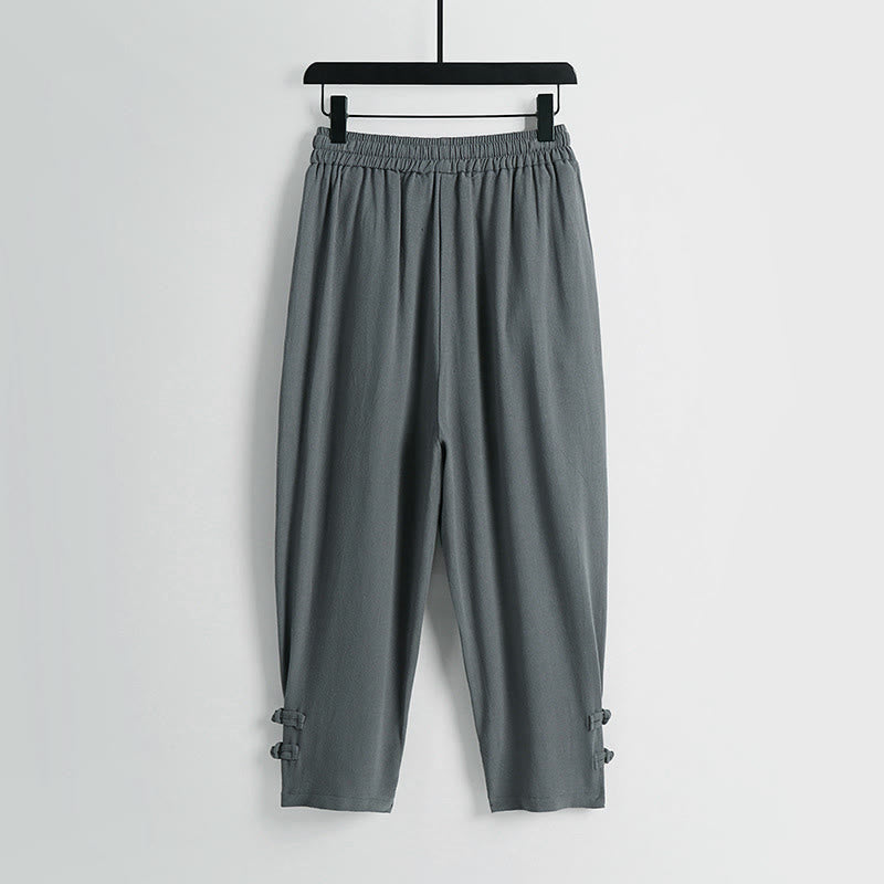 Buddha Stones Pantaloni estivi da uomo in cotone e lino con coulisse, elastico in vita, bottoni a rana, lunghezza alla caviglia, con tasche - image 1