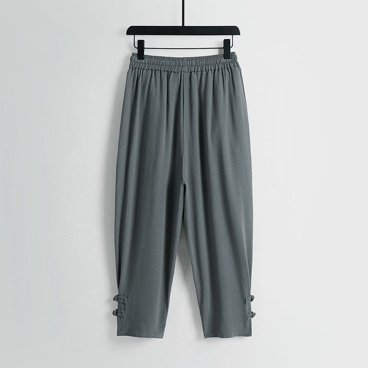 Buddha Stones Pantaloni estivi da uomo in cotone e lino con coulisse, elastico in vita, bottoni a rana, lunghezza alla caviglia, con tasche - image 1