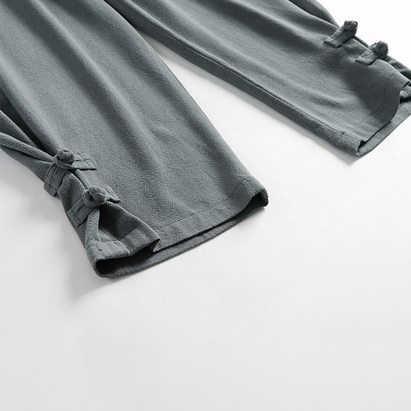 Buddha Stones Pantaloni estivi da uomo in cotone e lino con coulisse, elastico in vita, bottoni a rana, lunghezza alla caviglia, con tasche - image 8