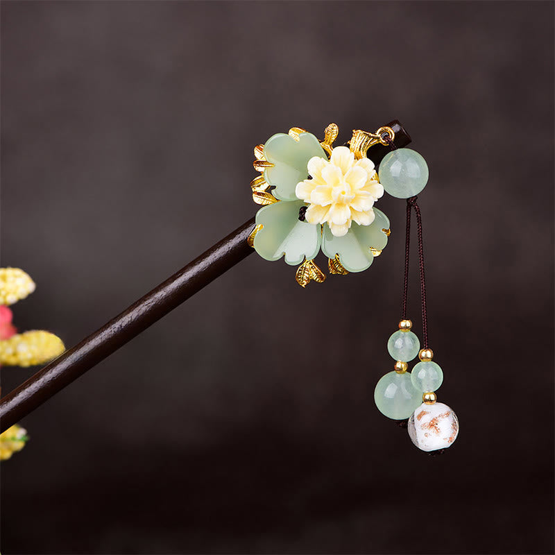 Buddha Stones Forcina per capelli in legno di vetro e fiore bianco giallo verde Liuli - image 2