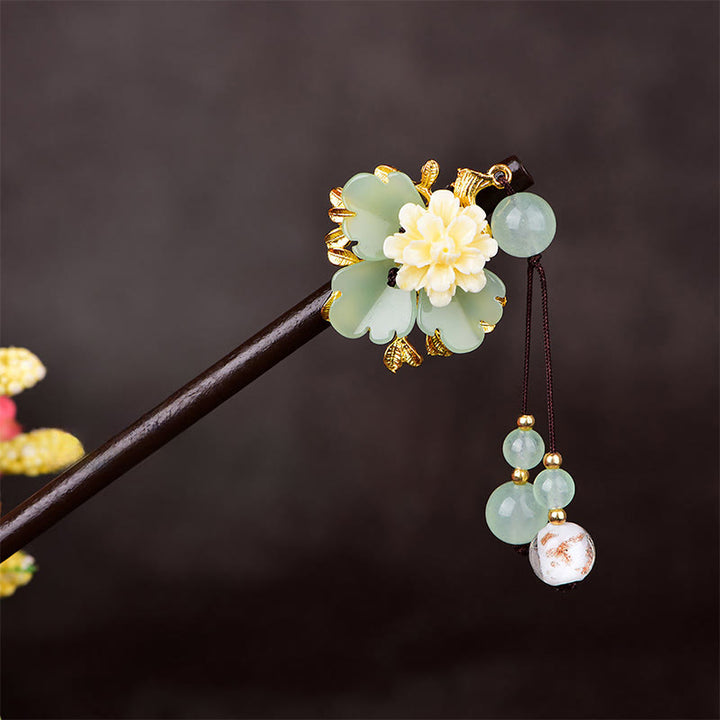 Buddha Stones Forcina per capelli in legno di vetro e fiore bianco giallo verde Liuli - image 2