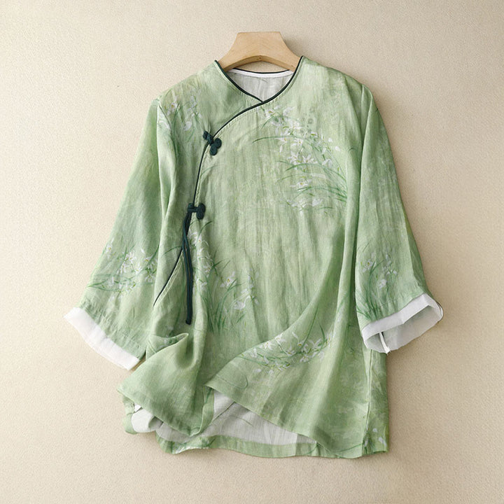 Buddha Stones Camicia da donna con maniche a tre quarti, motivo a rana con fiori rossi e orchidea bianca - Verde chiaro - US14, UK/AU18, EU46 (2XL) - image 0