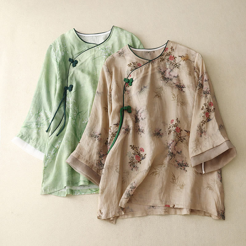 Buddha Stones Camicia da donna con maniche a tre quarti, motivo a rana con fiori rossi e orchidea bianca - image 17