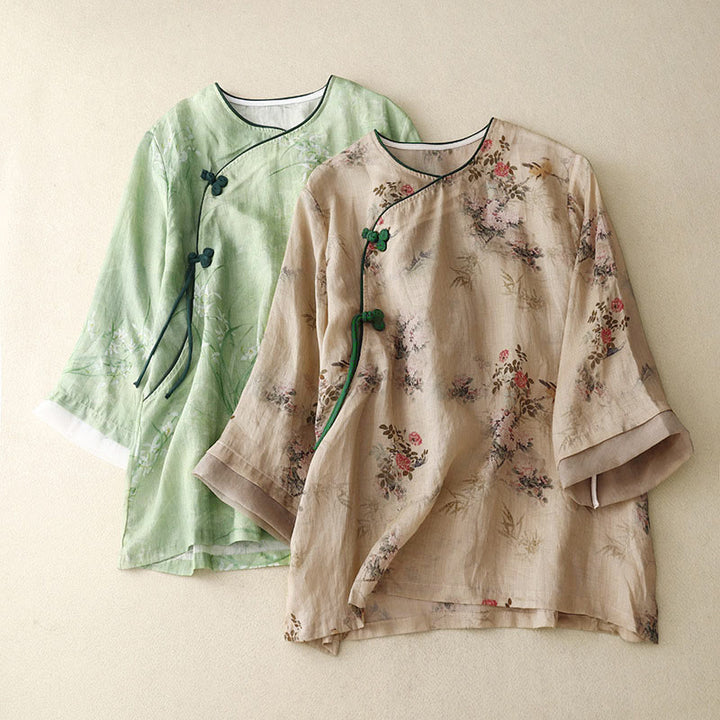 Buddha Stones Camicia da donna con maniche a tre quarti, motivo a rana con fiori rossi e orchidea bianca - image 17