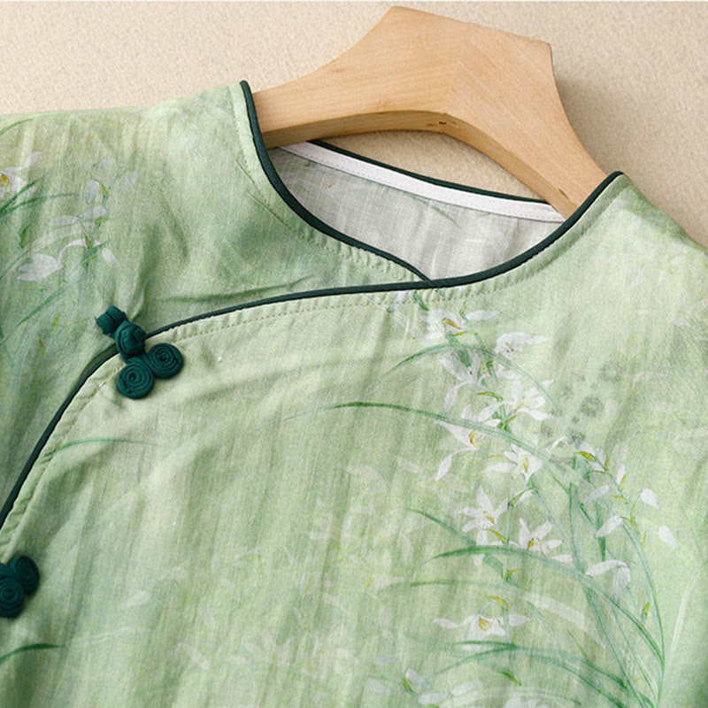 Buddha Stones Camicia da donna con maniche a tre quarti, motivo a rana con fiori rossi e orchidea bianca - image 2