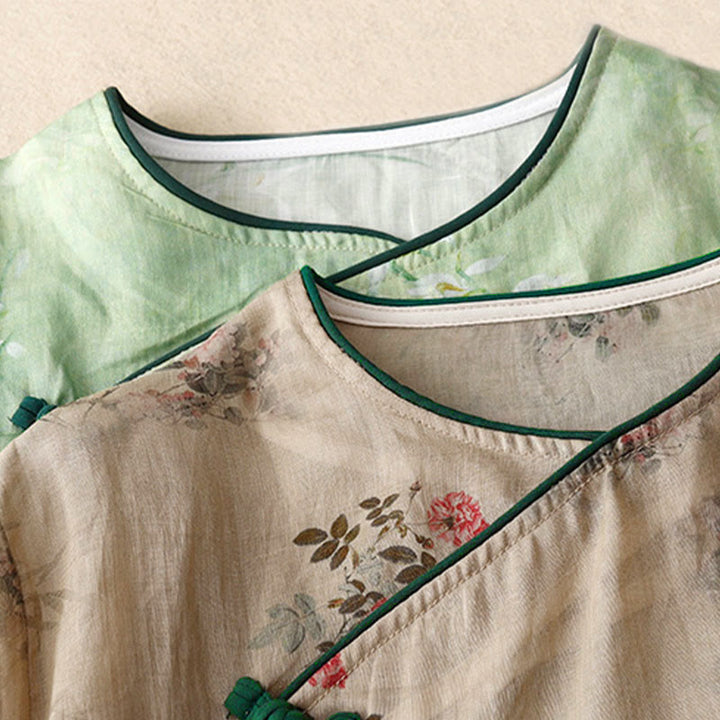 Buddha Stones Camicia da donna con maniche a tre quarti, motivo a rana con fiori rossi e orchidea bianca - image 19