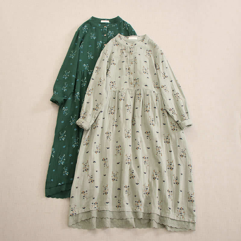 Buddha Stones Abito midi a maniche lunghe con scollo rotondo, stampa floreale piccola e bottoni, con tasche - image 15