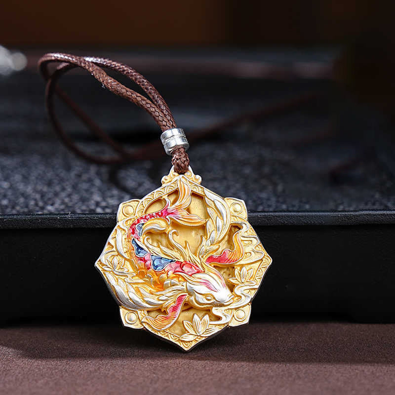 Buddha Stones Collana con ciondolo portafortuna in argento sterling 999 con pesce koi colorato intagliato - Pesce Koi (Fortuna♥Prosperità) - image 0