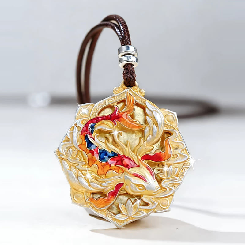 Buddha Stones Collana con ciondolo portafortuna in argento sterling 999 con pesce koi colorato intagliato - image 1