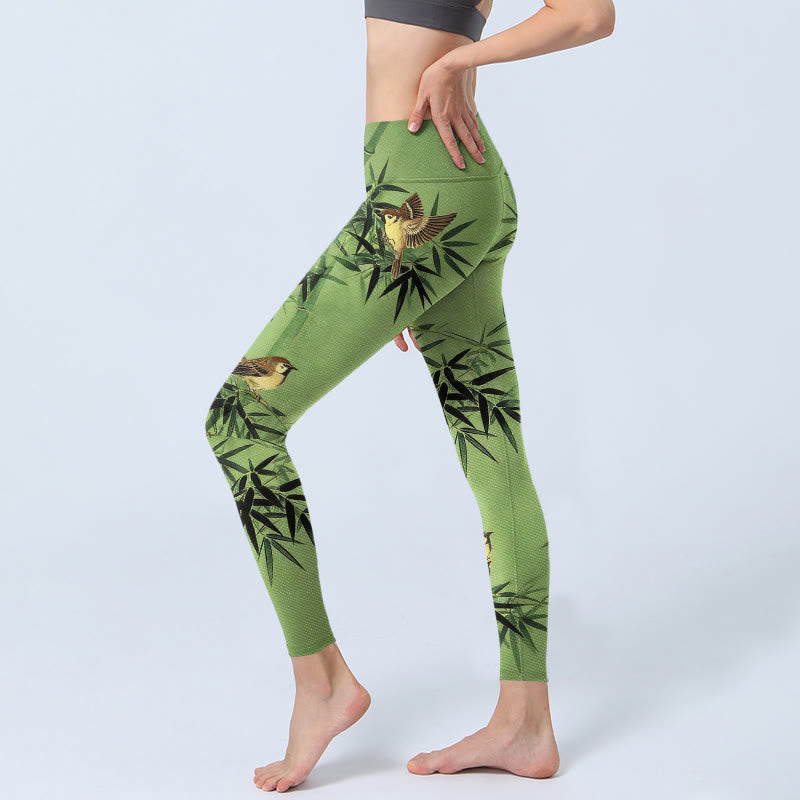 Buddha Stones Eleganti leggings da palestra con stampa di foglie di bambù e uccelli, pantaloni da yoga da donna - image 2