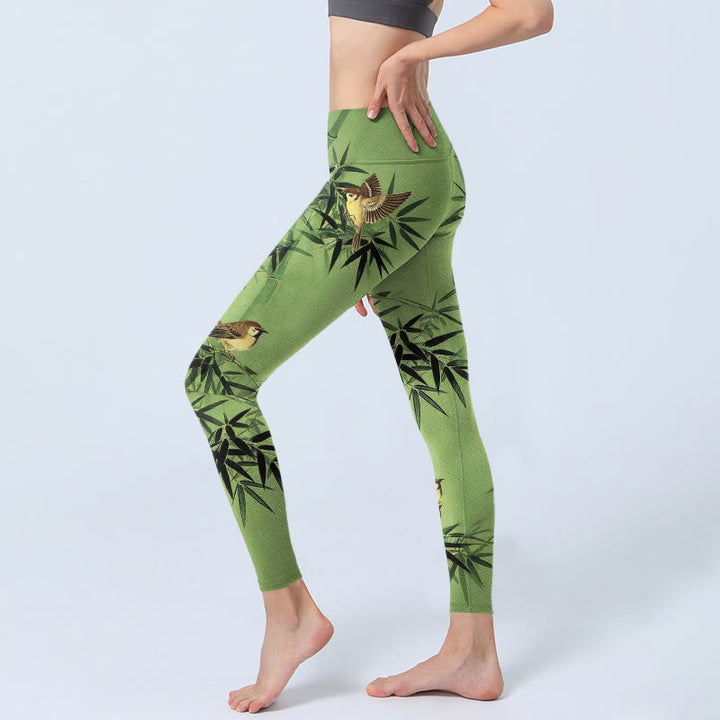 Buddha Stones Eleganti leggings da palestra con stampa di foglie di bambù e uccelli, pantaloni da yoga da donna - image 2