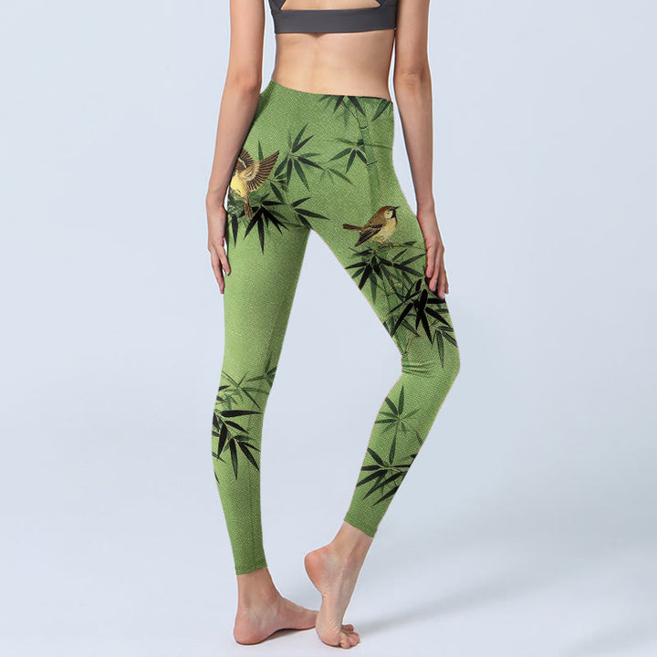 Buddha Stones Eleganti leggings da palestra con stampa di foglie di bambù e uccelli, pantaloni da yoga da donna - image 4
