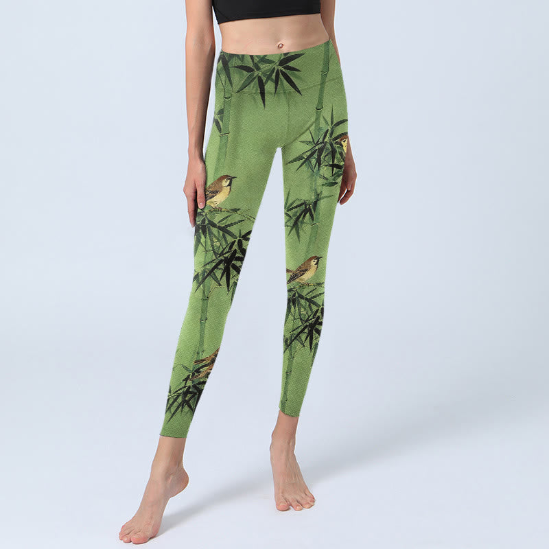 Buddha Stones Eleganti leggings da palestra con stampa di foglie di bambù e uccelli, pantaloni da yoga da donna - image 5