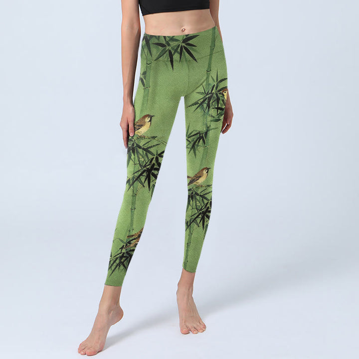 Buddha Stones Eleganti leggings da palestra con stampa di foglie di bambù e uccelli, pantaloni da yoga da donna - image 5