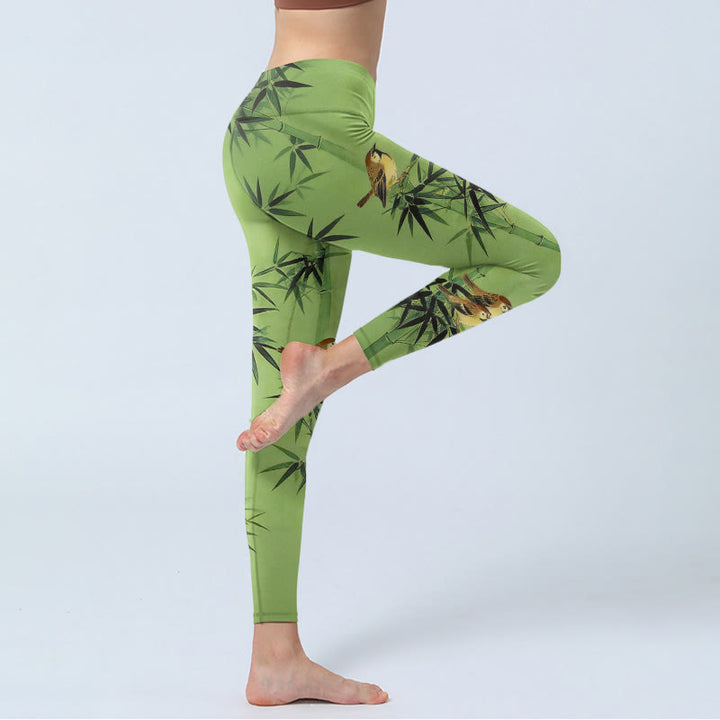 Buddha Stones Eleganti leggings da palestra con stampa di foglie di bambù e uccelli, pantaloni da yoga da donna - image 3