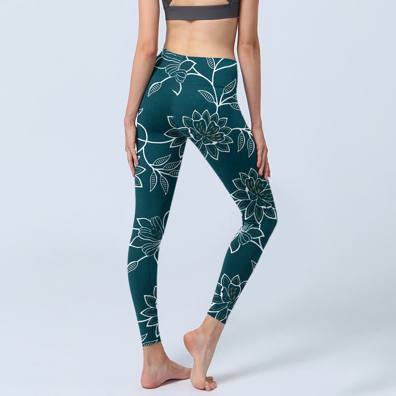 Buddha Stones Leggings da palestra con stampa di foglie e fiori retrò ed eleganti, pantaloni da yoga da donna - image 4