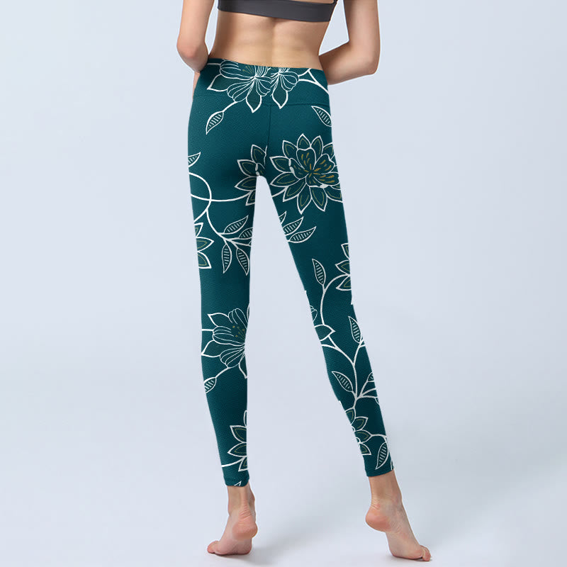 Buddha Stones Leggings da palestra con stampa di foglie e fiori retrò ed eleganti, pantaloni da yoga da donna - image 6