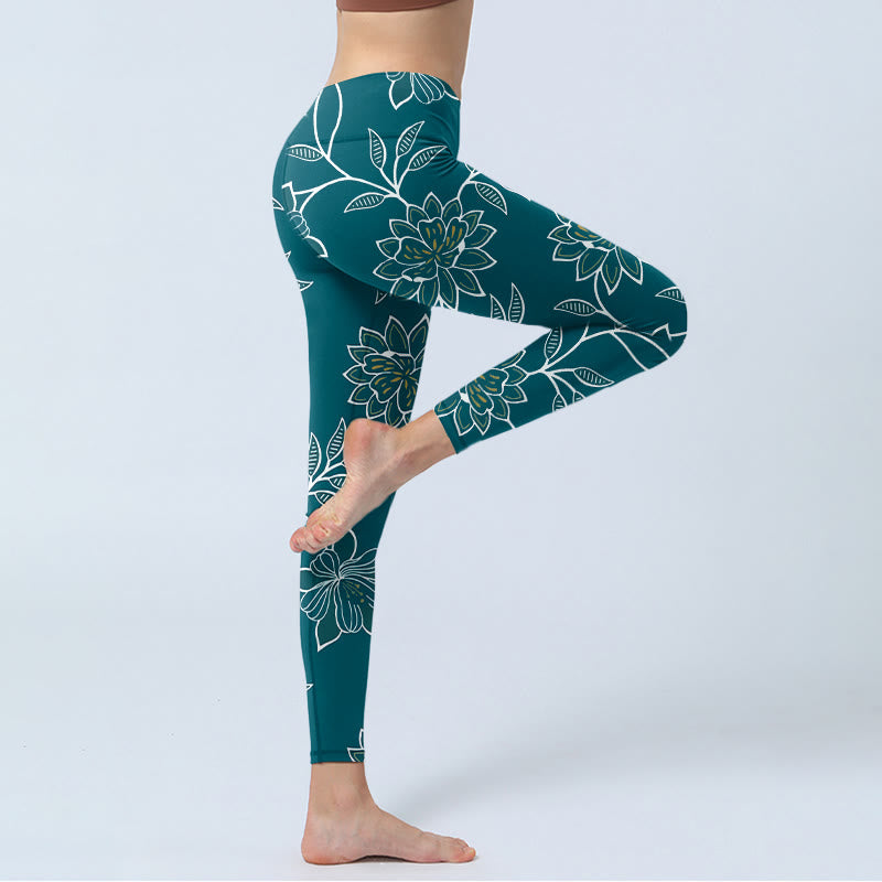 Buddha Stones Leggings da palestra con stampa di foglie e fiori retrò ed eleganti, pantaloni da yoga da donna - image 3