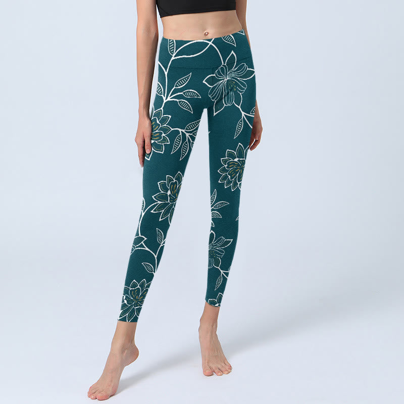 Buddha Stones Leggings da palestra con stampa di foglie e fiori retrò ed eleganti, pantaloni da yoga da donna - image 5