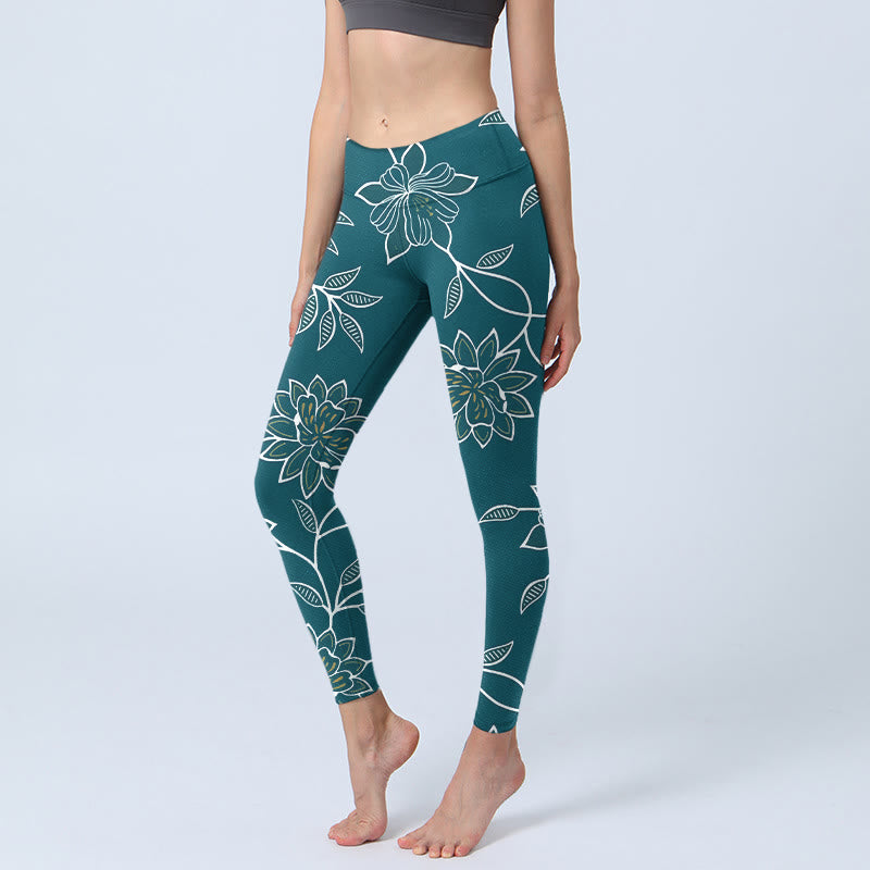 Buddha Stones Leggings da palestra con stampa di foglie e fiori retrò ed eleganti, pantaloni da yoga da donna - Verde acqua - US18, UK/AU22, EU50 (4XL) - image 0