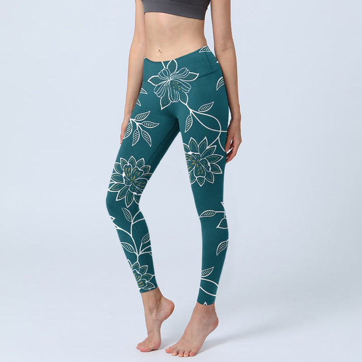 Buddha Stones Leggings da palestra con stampa di foglie e fiori retrò ed eleganti, pantaloni da yoga da donna - Verde acqua - US18, UK/AU22, EU50 (4XL) - image 0
