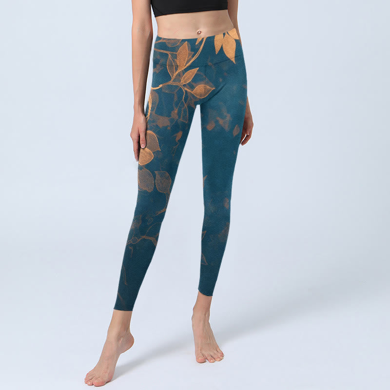 Buddha Stones Eleganti leggings da palestra con stampa a motivo di foglie, pantaloni da yoga da donna - image 5