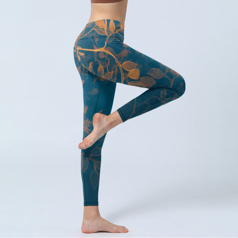 Buddha Stones Eleganti leggings da palestra con stampa a motivo di foglie, pantaloni da yoga da donna - image 3