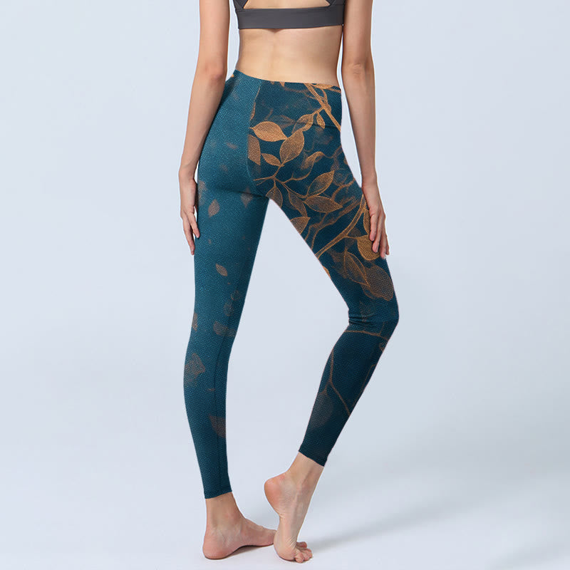 Buddha Stones Eleganti leggings da palestra con stampa a motivo di foglie, pantaloni da yoga da donna - image 4