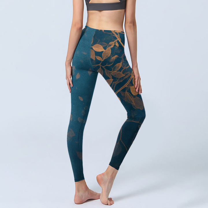 Buddha Stones Eleganti leggings da palestra con stampa a motivo di foglie, pantaloni da yoga da donna - image 4