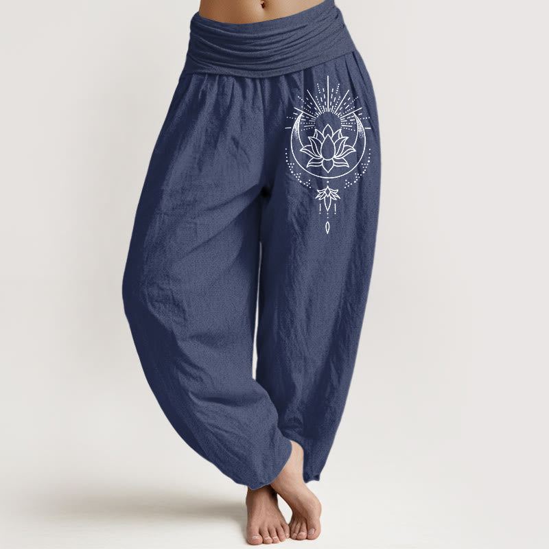 Buddha Stones Pantaloni harem da donna in puro cotone con elastico in vita e motivo a fiori di loto - DarkSlateBlue - US16, UK/AU20, EU48 (3XL) - image 0