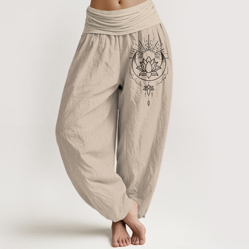 Buddha Stones Pantaloni harem da donna in puro cotone con elastico in vita e motivo a fiori di loto - Abbronzatura - US16, UK/AU20, EU48 (3XL) - image 11