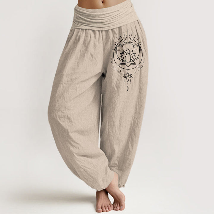 Buddha Stones Pantaloni harem da donna in puro cotone con elastico in vita e motivo a fiori di loto - Abbronzatura - US16, UK/AU20, EU48 (3XL) - image 11