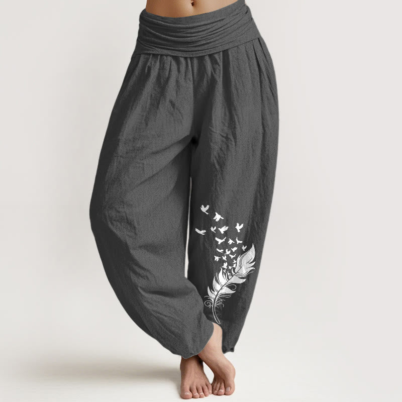 Buddha Stones Pantaloni harem da donna in puro cotone con motivo a piume di uccello vivaci e vita elastica - Grigio scuro - US16, UK/AU20, EU48 (3XL) - image 0