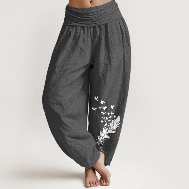 Buddha Stones Pantaloni harem da donna in puro cotone con motivo a piume di uccello vivaci e vita elastica - Grigio scuro - US16, UK/AU20, EU48 (3XL) - image 0