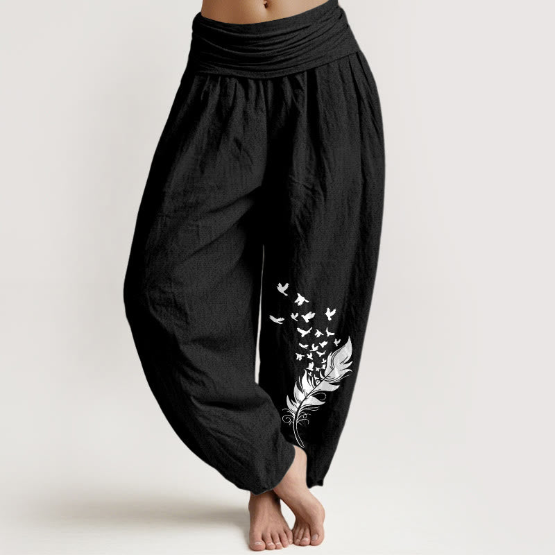 Buddha Stones Pantaloni harem da donna in puro cotone con motivo a piume di uccello vivaci e vita elastica - Nero - US16, UK/AU20, EU48 (3XL) - image 5