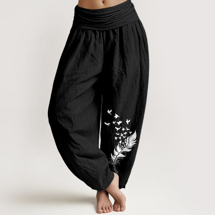 Buddha Stones Pantaloni harem da donna in puro cotone con motivo a piume di uccello vivaci e vita elastica - Nero - US16, UK/AU20, EU48 (3XL) - image 5