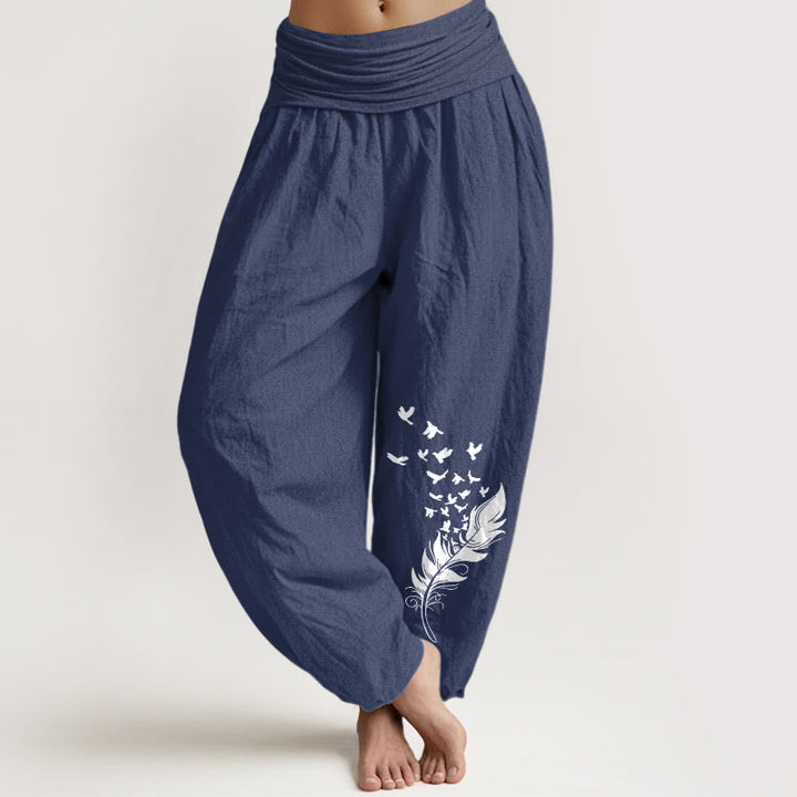 Buddha Stones Pantaloni harem da donna in puro cotone con motivo a piume di uccello vivaci e vita elastica - DarkSlateBlue - US16, UK/AU20, EU48 (3XL) - image 8