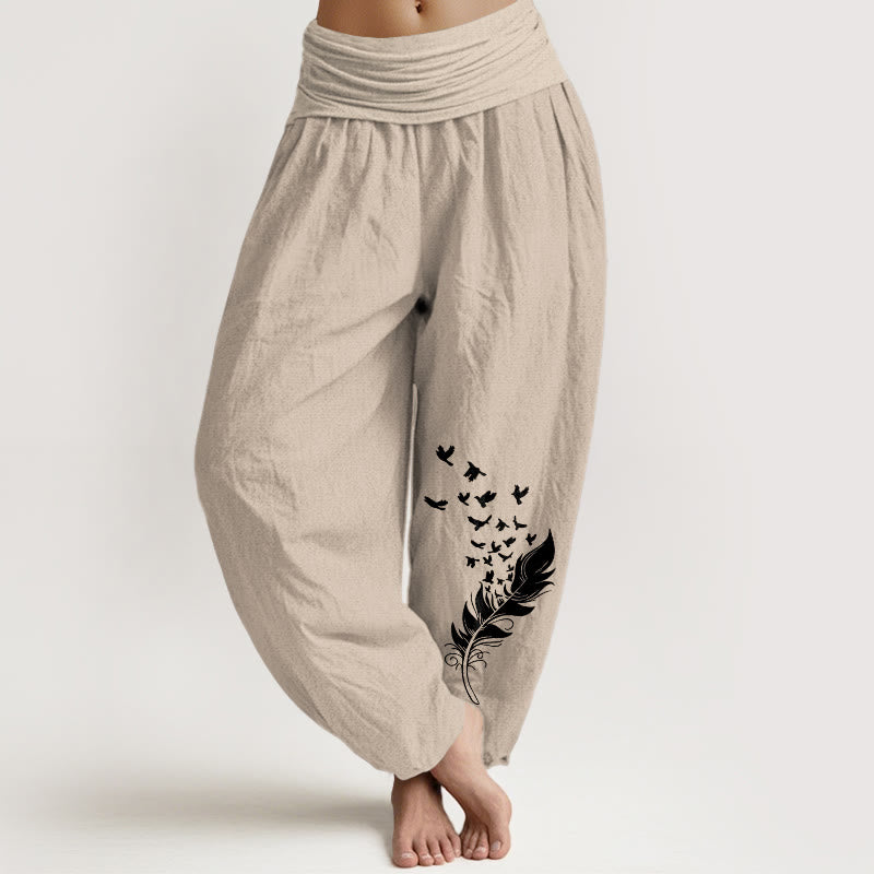 Buddha Stones Pantaloni harem da donna in puro cotone con motivo a piume di uccello vivaci e vita elastica - Abbronzatura - US16, UK/AU20, EU48 (3XL) - image 11