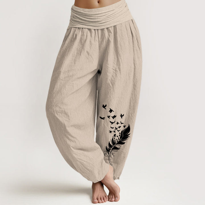 Buddha Stones Pantaloni harem da donna in puro cotone con motivo a piume di uccello vivaci e vita elastica - Abbronzatura - US16, UK/AU20, EU48 (3XL) - image 11