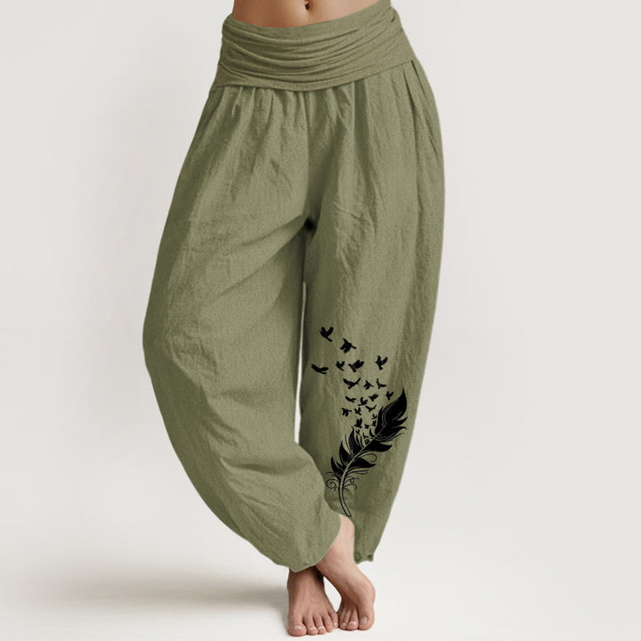 Buddha Stones Pantaloni harem da donna in puro cotone con motivo a piume di uccello vivaci e vita elastica - Verde oliva - US16, UK/AU20, EU48 (3XL) - image 14