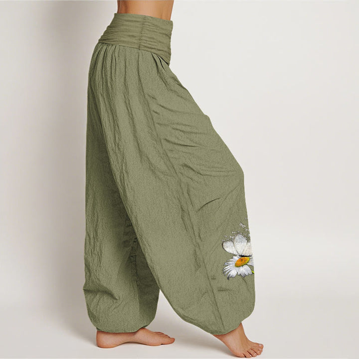 Buddha Stones Pantaloni harem da donna in puro cotone con elastico in vita e motivo a margherite, farfalle e libellule - image 2